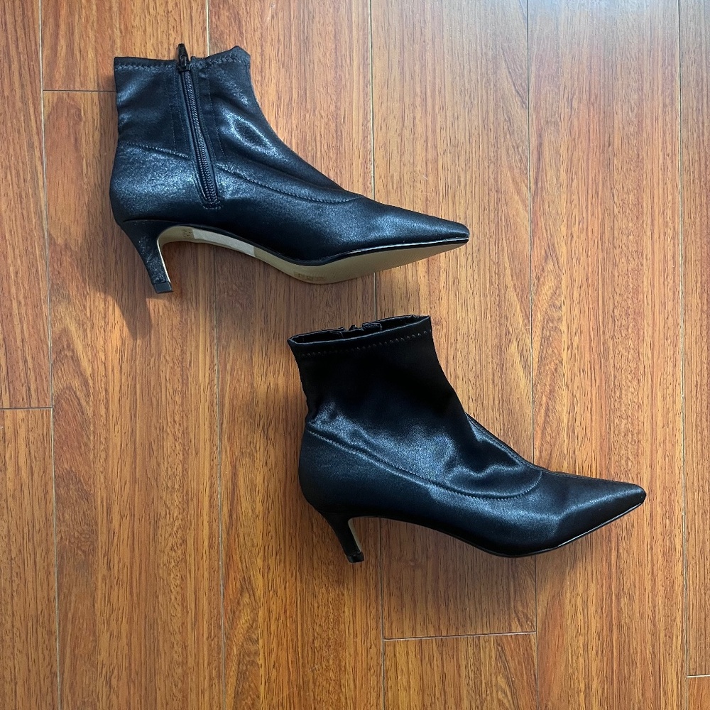 Topshop Bonbon Black Satin Ankle Boot Sock Style Zip Kitten Heel Women's 6.5/ 37